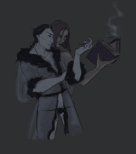 Athal and Librarian, Oct 2024 A mono-colours drawing of Athal and an unnamed/unused character I just called the &quot;Librarian.&quot;