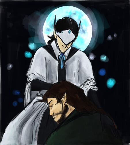 Adethal, March 2025. Two of my characters, Athal (in the Choir Garb from Bloodborne,) and Ade. (Wearing green.)