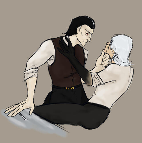 Athal and Tris, May 2025. A collaborative work done with a close friend in Drawpile. The white-haired individual (Tris) belongs to said friend, while the taller man (Athal) belongs to me.