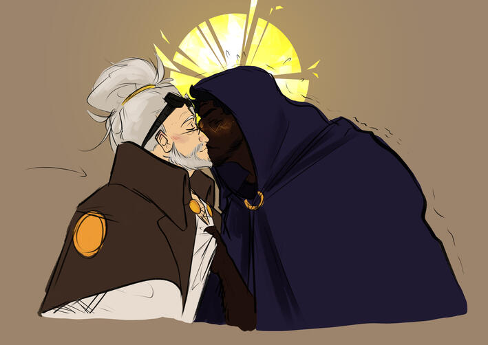 Hesper and Cy kiss, April 2025 A somewhat lazily done drawing of two of my characters having a romantic moment.